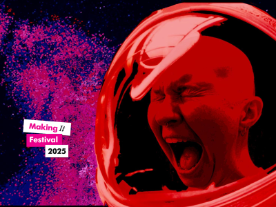MACPM Showcase 2025 - Astrovamps - person screaming inside red astronaut helmet